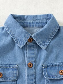 Genkimix Kids 男童牛仔長袖襯衫，經典領口，雙胸前口袋，單排扣前開襟，可調節袖口，秋季藍 - 淺色水洗藍 - 查看 5