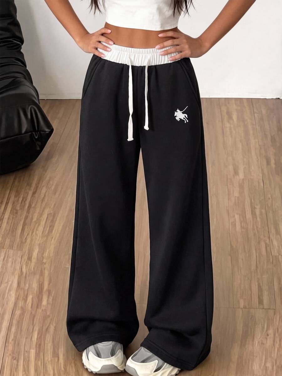 SHEIN Tween Girls Black & White Colorblock Sweatpants With Pony Embroidery, Comfortable Casual Daily School Wear - Black and White - View 1