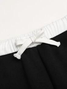 SHEIN 少女黑色與白色拼接小馬刺繡運動長褲，舒適休閒日常校園穿搭 - 黑與白 - 查看 3