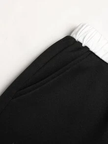 SHEIN 少女黑色與白色拼接小馬刺繡運動長褲，舒適休閒日常校園穿搭 - 黑與白 - 查看 4