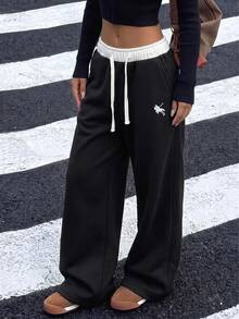 SHEIN 少女黑色與白色拼接小馬刺繡運動長褲，舒適休閒日常校園穿搭 - 黑與白 - 查看 8