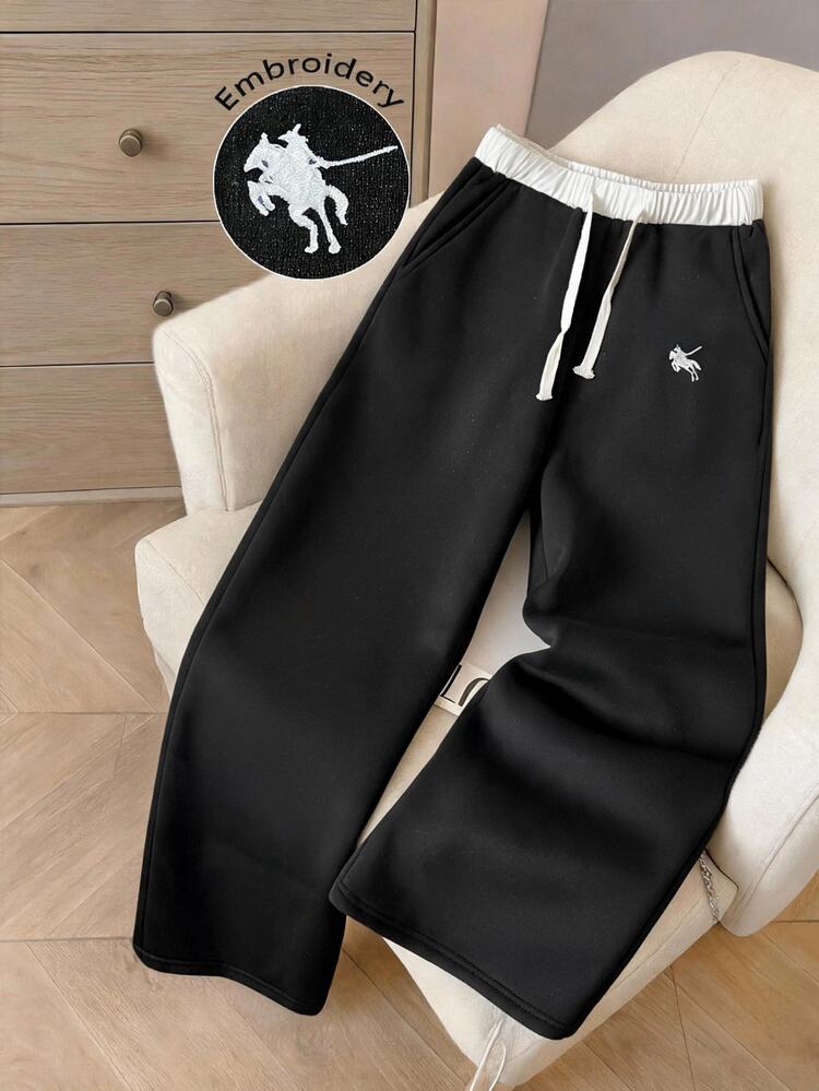 SHEIN Tween Girls Black & White Colorblock Sweatpants With Pony Embroidery, Comfortable Casual Daily School Wear - Black and White - View 2