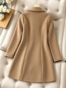 SHEIN معطف طويل كاجوال من الصوف الناعم للفتيات المراهقات، لون سادة، بأكمام طويلة وأزرار مزدوجة، ملابس خريفية، ملابس العطلات، شتاء - كاكي - مشاهدة 2