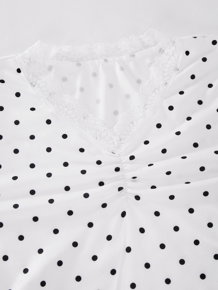 SHEIN Teen Girls Fall Tops Grey Black Polka Dot Collar Button Decor Lace Trim Design Long Sleeve Casual Versatile Design T-Shirt - White - View 5