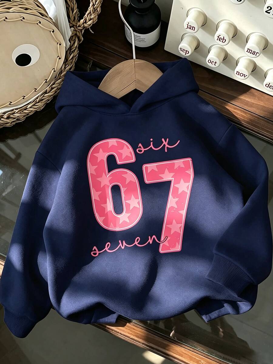 Sweatshirt Biru Tua 1 Potong untuk Anak Perempuan Remaja, Gaya Kasual Longgar Aktif Sederhana untuk Musim Gugur dan Musim Dingin, Atasan Cetak Huruf Bintang Merah Muda yang Kreatif dan Dipersonalisasi - Navy Blue - View 1