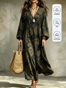 LanaWest فستان طويل بأسلوب بوهيمي للربيع/الخريف بطبعة زهرة الكاجو الذهبية، بياقة على شكل حرف V، وأكمام فانوس مجعدة، وتصميم انسيابي متدلي - أخضر داكن - مشاهدة 3