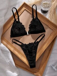 SHEIN Elacene 3SETS Sexy Lace Patchwork Front Closure Women's Lingerie Set - Black - View 2