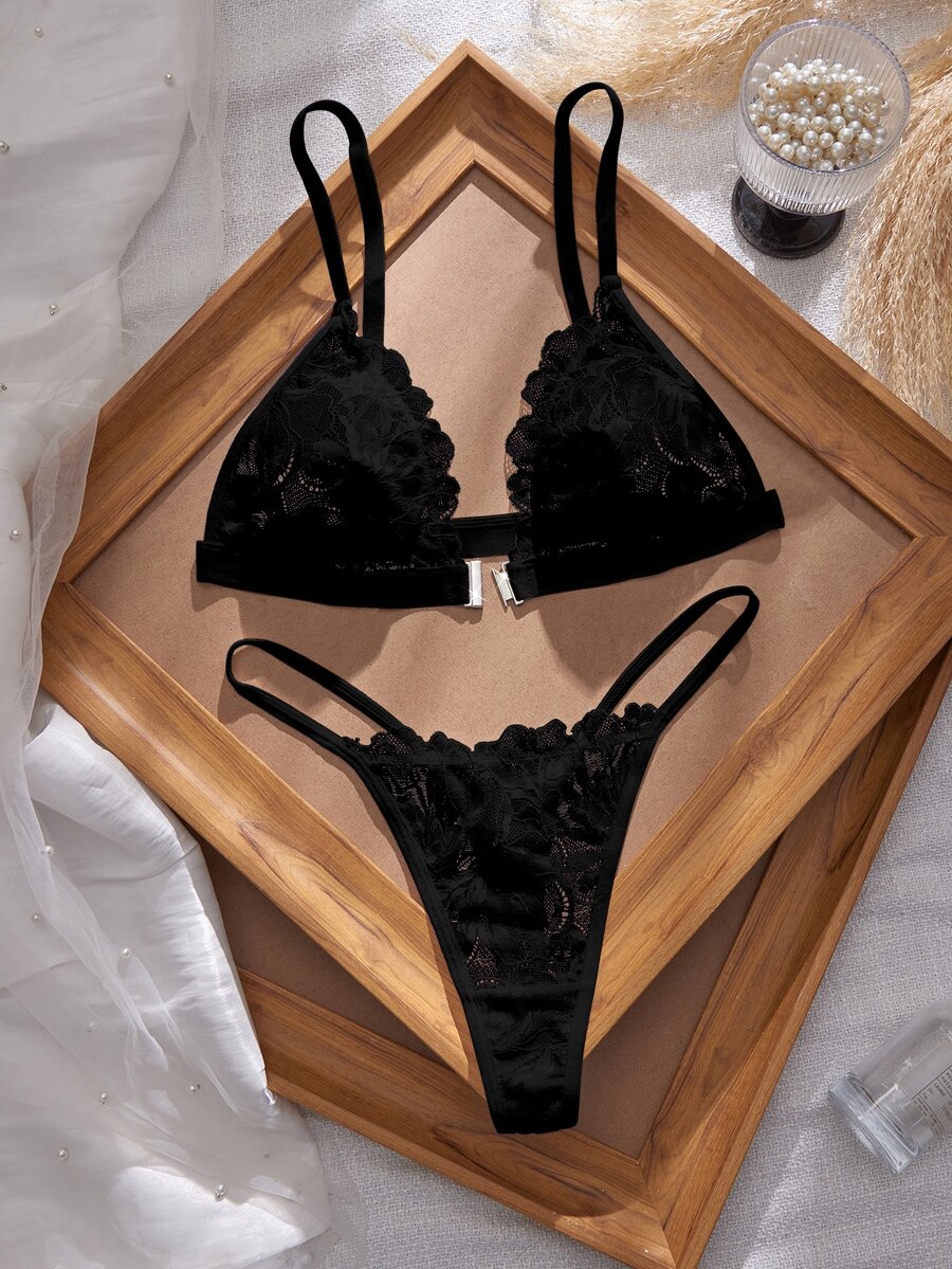 SHEIN Elacene 3SETS Sexy Lace Patchwork Front Closure Women's Lingerie Set - Black - View 1