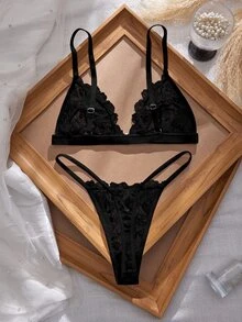 SHEIN Elacene 3SETS Sexy Lace Patchwork Front Closure Women's Lingerie Set - Black - View 3