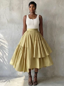BamGlimmer Women's Fashion Elegant Sexy Solid Color Ruffle Asymmetric Hem Skirt Vacation Pale Yellow Autumn Brunch Beach Garden Party - Yellow - View 6