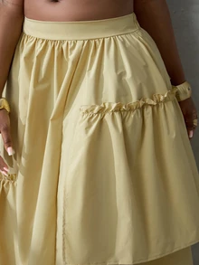 BamGlimmer Women's Fashion Elegant Sexy Solid Color Ruffle Asymmetric Hem Skirt Vacation Pale Yellow Autumn Brunch Beach Garden Party - Yellow - View 5