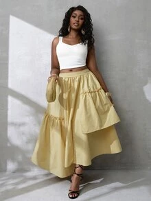 BamGlimmer Women's Fashion Elegant Sexy Solid Color Ruffle Asymmetric Hem Skirt Vacation Pale Yellow Autumn Brunch Beach Garden Party - Yellow - View 10