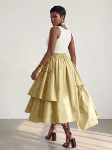 BamGlimmer Women's Fashion Elegant Sexy Solid Color Ruffle Asymmetric Hem Skirt Vacation Pale Yellow Autumn Brunch Beach Garden Party - Yellow - View 3