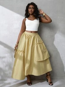 BamGlimmer Women's Fashion Elegant Sexy Solid Color Ruffle Asymmetric Hem Skirt Vacation Pale Yellow Autumn Brunch Beach Garden Party - Yellow - View 11