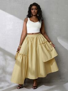 BamGlimmer Women's Fashion Elegant Sexy Solid Color Ruffle Asymmetric Hem Skirt Vacation Pale Yellow Autumn Brunch Beach Garden Party - Yellow - View 9