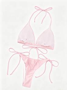 Swim Basics 純色性感綁帶比基尼兩件式女款泳衣套裝沙灘裝 - 淺粉色 - 查看 2
