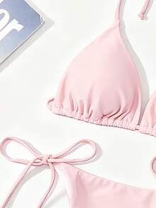 Swim Basics 純色性感綁帶比基尼兩件式女款泳衣套裝沙灘裝 - 淺粉色 - 查看 3