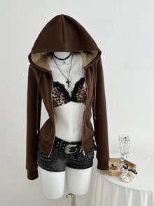 Elamini Fitted Vintage-Style Knit Elastic Hooded Thermal Lined Long Sleeve Pocket Sweatshirt For Women Fall Cloth For Women - Brown - View 6