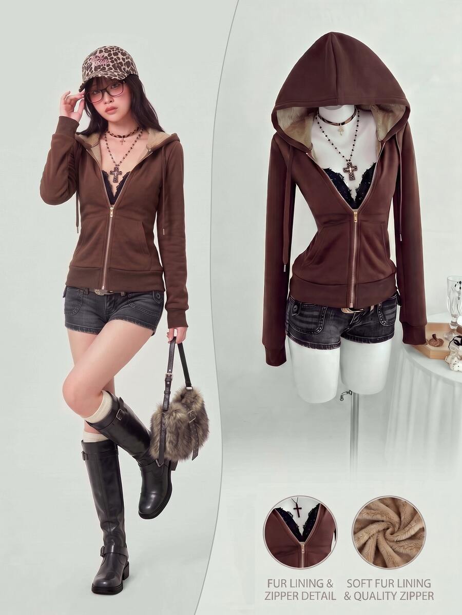 Elamini Fitted Vintage-Style Knit Elastic Hooded Thermal Lined Long Sleeve Pocket Sweatshirt For Women Fall Cloth For Women - Brown - View 1
