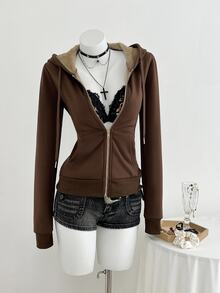 Elamini Fitted Vintage-Style Knit Elastic Hooded Thermal Lined Long Sleeve Pocket Sweatshirt For Women Fall Cloth For Women - Brown - View 4