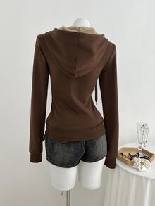 Elamini Fitted Vintage-Style Knit Elastic Hooded Thermal Lined Long Sleeve Pocket Sweatshirt For Women Fall Cloth For Women - Brown - View 2