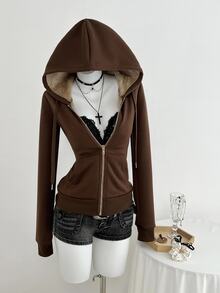 Elamini Fitted Vintage-Style Knit Elastic Hooded Thermal Lined Long Sleeve Pocket Sweatshirt For Women Fall Cloth For Women - Brown - View 5