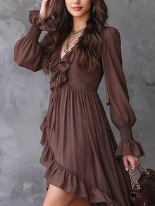 SHEIN Gaun Wanita Berkerut, Leher V, Bagian Depan Pendek, Belakang Panjang, Lengan Panjang, Pinggang Ramping, Warna Cokelat Kopi, Musim Gugur, Gaya Boho - Coffee Brown - View 7