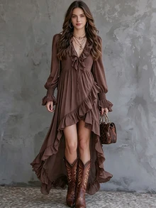SHEIN Gaun Wanita Berkerut, Leher V, Bagian Depan Pendek, Belakang Panjang, Lengan Panjang, Pinggang Ramping, Warna Cokelat Kopi, Musim Gugur, Gaya Boho - Coffee Brown - View 2