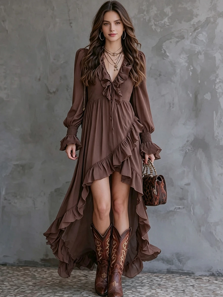 SHEIN Gaun Wanita Berkerut, Leher V, Bagian Depan Pendek, Belakang Panjang, Lengan Panjang, Pinggang Ramping, Warna Cokelat Kopi, Musim Gugur, Gaya Boho