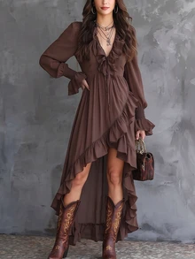 SHEIN Gaun Wanita Berkerut, Leher V, Bagian Depan Pendek, Belakang Panjang, Lengan Panjang, Pinggang Ramping, Warna Cokelat Kopi, Musim Gugur, Gaya Boho - Coffee Brown - View 4