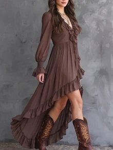 SHEIN Gaun Wanita Berkerut, Leher V, Bagian Depan Pendek, Belakang Panjang, Lengan Panjang, Pinggang Ramping, Warna Cokelat Kopi, Musim Gugur, Gaya Boho - Coffee Brown - View 6