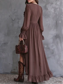 SHEIN Gaun Wanita Berkerut, Leher V, Bagian Depan Pendek, Belakang Panjang, Lengan Panjang, Pinggang Ramping, Warna Cokelat Kopi, Musim Gugur, Gaya Boho - Coffee Brown - View 3