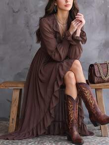 SHEIN Gaun Wanita Berkerut, Leher V, Bagian Depan Pendek, Belakang Panjang, Lengan Panjang, Pinggang Ramping, Warna Cokelat Kopi, Musim Gugur, Gaya Boho - Coffee Brown - View 5