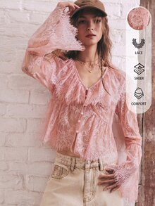 SHEIN 波希米亞浪漫休閒純粉色V領荷葉邊鈕扣長袖蕾絲上衣，女款秋季穿搭，鄉村音樂會與節慶造型 - 粉色 - 查看 1