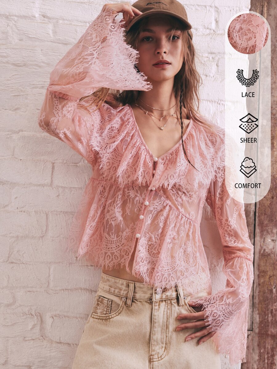SHEIN 波希米亞浪漫休閒純粉色V領荷葉邊鈕扣長袖蕾絲上衣,女款秋季穿搭,鄉村音樂會與節慶造型 - 粉色 - 查看 1