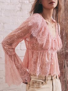 SHEIN 波希米亞浪漫休閒純粉色V領荷葉邊鈕扣長袖蕾絲上衣，女款秋季穿搭，鄉村音樂會與節慶造型 - 粉色 - 查看 3