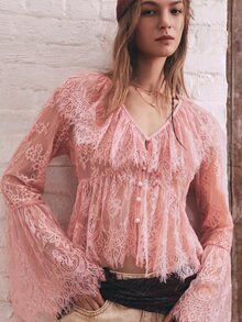 SHEIN 波希米亞浪漫休閒純粉色V領荷葉邊鈕扣長袖蕾絲上衣，女款秋季穿搭，鄉村音樂會與節慶造型 - 粉色 - 查看 6