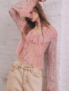 SHEIN 波希米亞浪漫休閒純粉色V領荷葉邊鈕扣長袖蕾絲上衣，女款秋季穿搭，鄉村音樂會與節慶造型 - 粉色 - 查看 5