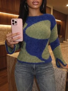 Slaydiva Women Abstract Color Block Fuzzy Knit Sweater Flare Sleeve Mohair Pullover Green And Blue Top Y2K Casual Street Grunge Avant Garde Fall Winter - Navy Blue - View 2