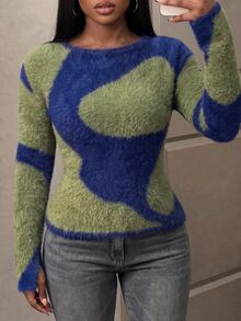 Slaydiva Women Abstract Color Block Fuzzy Knit Sweater Flare Sleeve Mohair Pullover Green And Blue Top Y2K Casual Street Grunge Avant Garde Fall Winter - Navy Blue - View 4