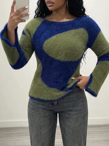 Slaydiva Women Abstract Color Block Fuzzy Knit Sweater Flare Sleeve Mohair Pullover Green And Blue Top Y2K Casual Street Grunge Avant Garde Fall Winter - Navy Blue - View 7
