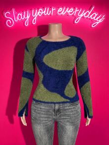 Slaydiva Women Abstract Color Block Fuzzy Knit Sweater Flare Sleeve Mohair Pullover Green And Blue Top Y2K Casual Street Grunge Avant Garde Fall Winter - Navy Blue - View 6