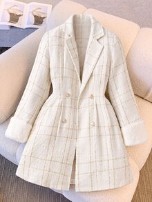 SHEIN 女童粗花呢西裝中長洋裝外套，長袖抓絨秋季服飾，米白色格紋翻領，雙排扣，校園正式 Coquette 風格 - 白色 - 查看 2