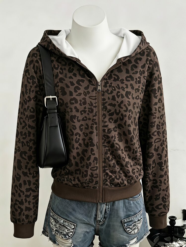 Tween Girls' Hooded Zip-Up Leopard Print Sweatshirt For Autumn, Fall Clothes, Long Sleeves, Casual Wear. - Black - View 2