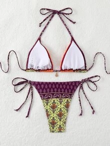 SHEIN Swim Summer Beach Women's Vacation High Waisted Paisley Printed Halter Neck Tie Sexy Bikini Set - Multicolor - View 2