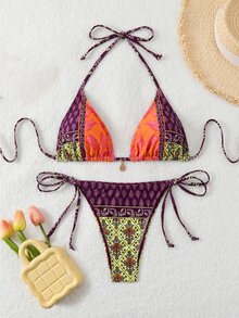 SHEIN Swim Summer Beach Women's Vacation High Waisted Paisley Printed Halter Neck Tie Sexy Bikini Set - Multicolor - View 3
