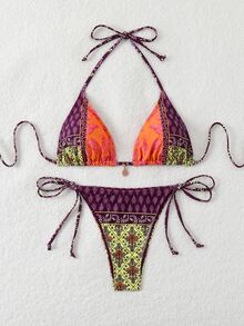 SHEIN Swim Summer Beach Women's Vacation High Waisted Paisley Printed Halter Neck Tie Sexy Bikini Set - Multicolor - View 4