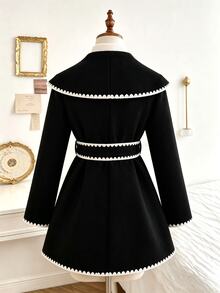 SHEIN Tween Girl Long Sleeve Fleece Fall Clothes Fall Contrast Trim Oversized Lapel Waist-Cinching Overcoat, Premium Vintage Style, Winter - Black - View 2