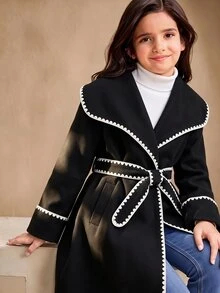 SHEIN Tween Girl Long Sleeve Fleece Fall Clothes Fall Contrast Trim Oversized Lapel Waist-Cinching Overcoat, Premium Vintage Style, Winter - Black - View 1