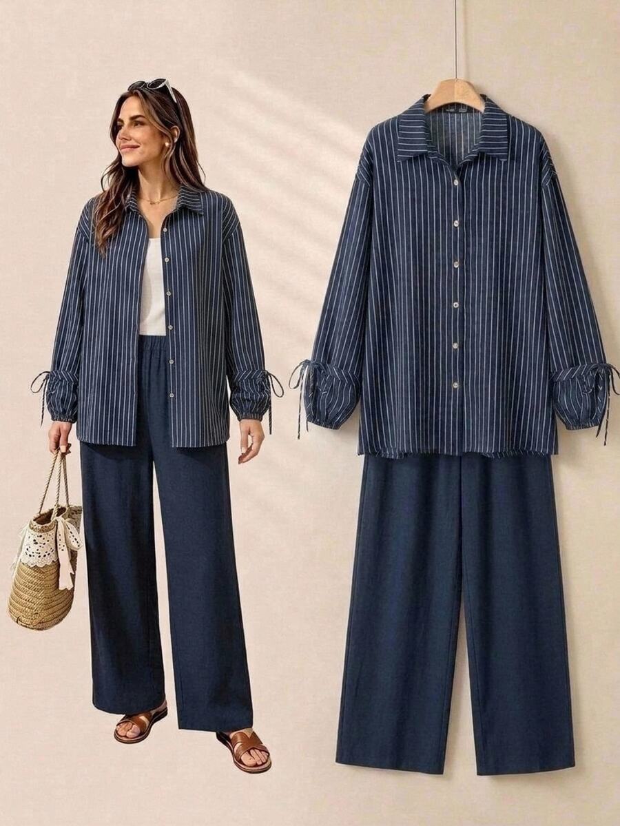 Rusticease Women's 2pcs Set Autumn/Winter Button Long Sleeve Shirt Long Pants Workwear Office, Navy Blue Striped Casual - Blue - View 1